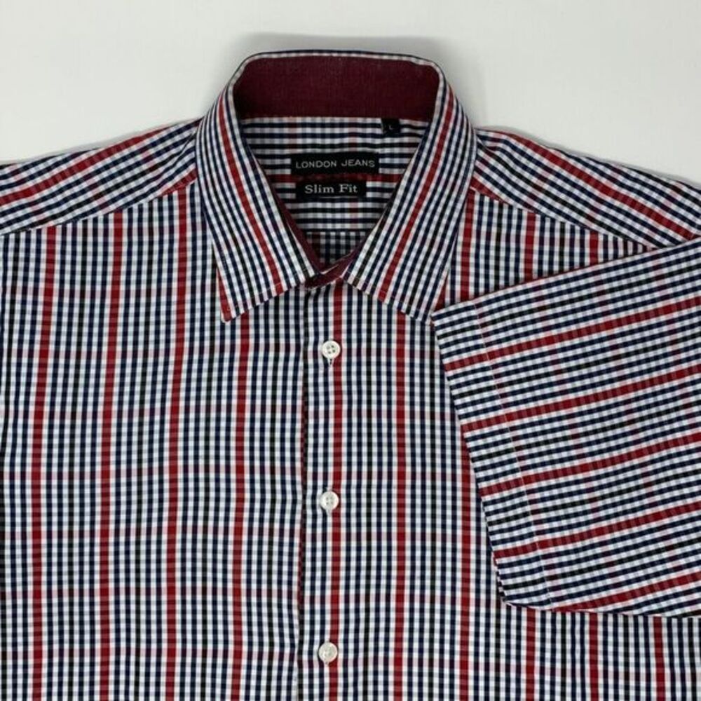 London Jeans Slim Fit Red White Blue Stripe Short Sleeve Men's Shirt SIze Large